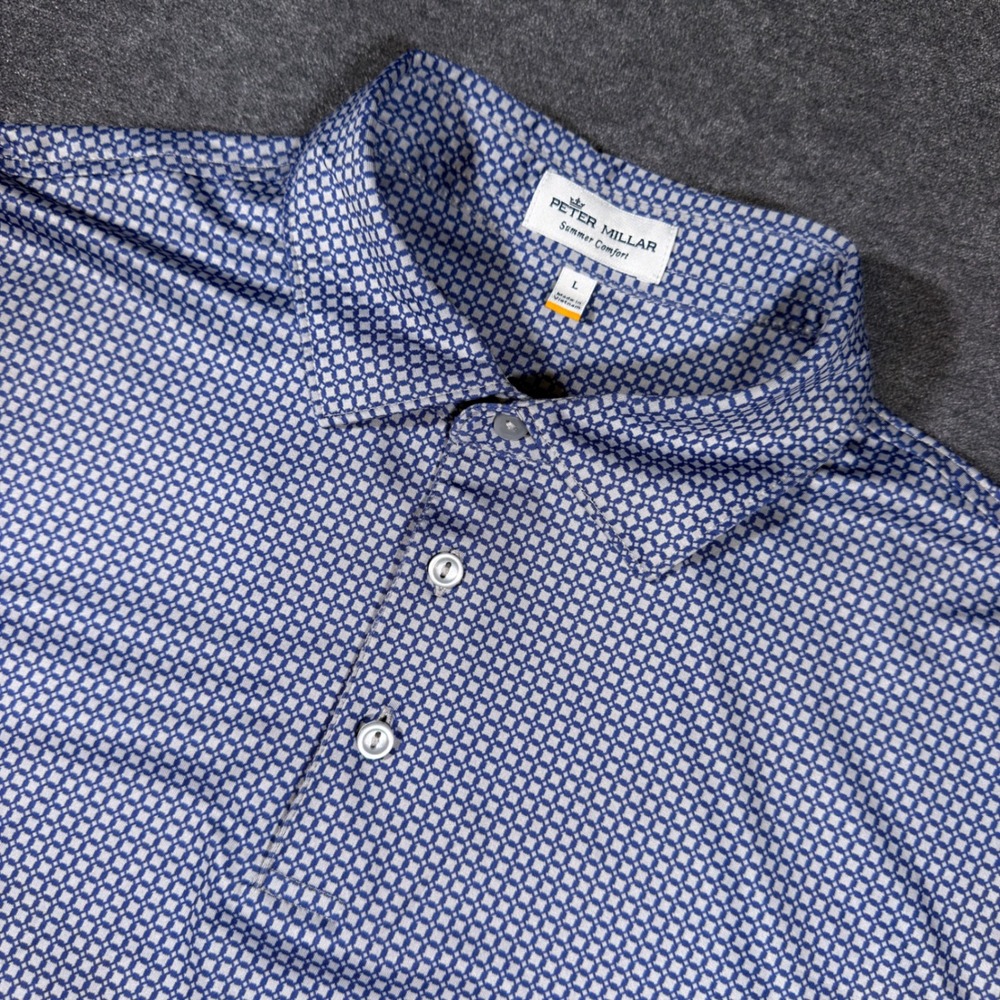 Peter Millar Polo Shirt Mens L Blue Summer Comfort Geometric Golf Performance